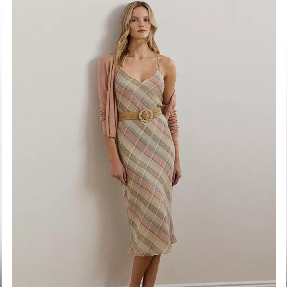 Lauren Ralph Lauren Size 12 Plaid Chiffon Slip Bias Cut Dress Pink Multicolor